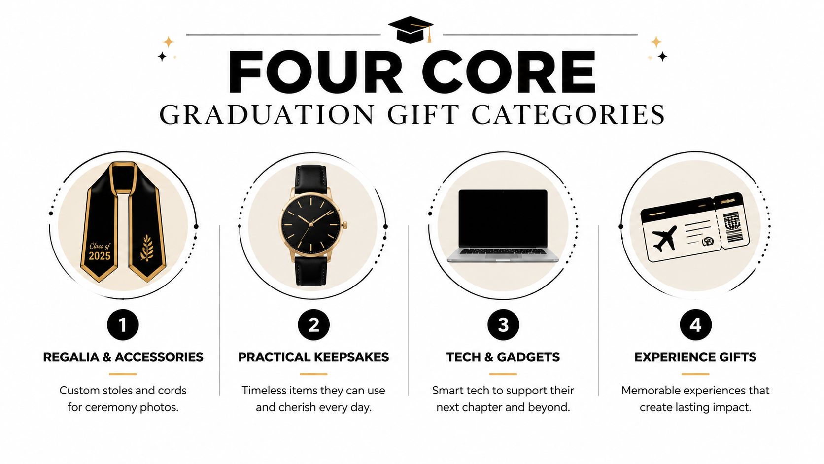 An infographic titled Four Core Graduation Gift Categories highlighting regalia, keepsakes, tech, and experience gifts for graduates.