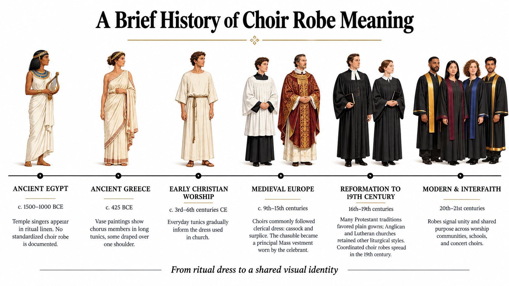 A timeline illustration titled A Brief History of Choir Robe Meaning showing choir vestment evolution through centuries.
