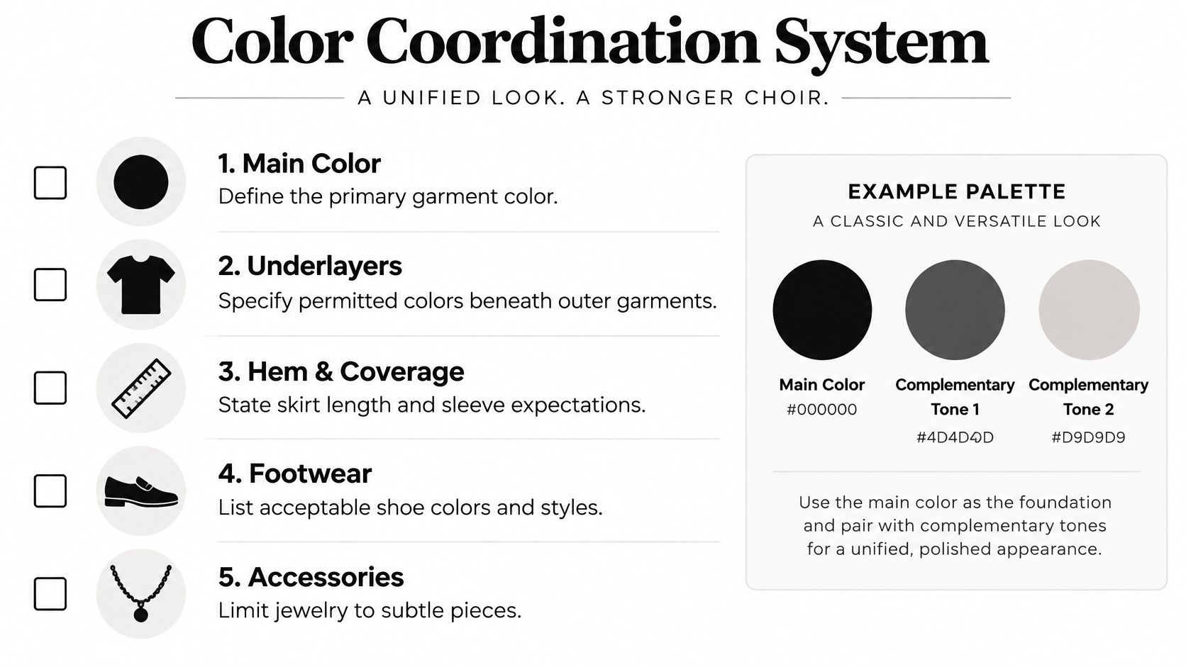 An infographic detailing a five-step choir color coordination system with an example color palette shown.