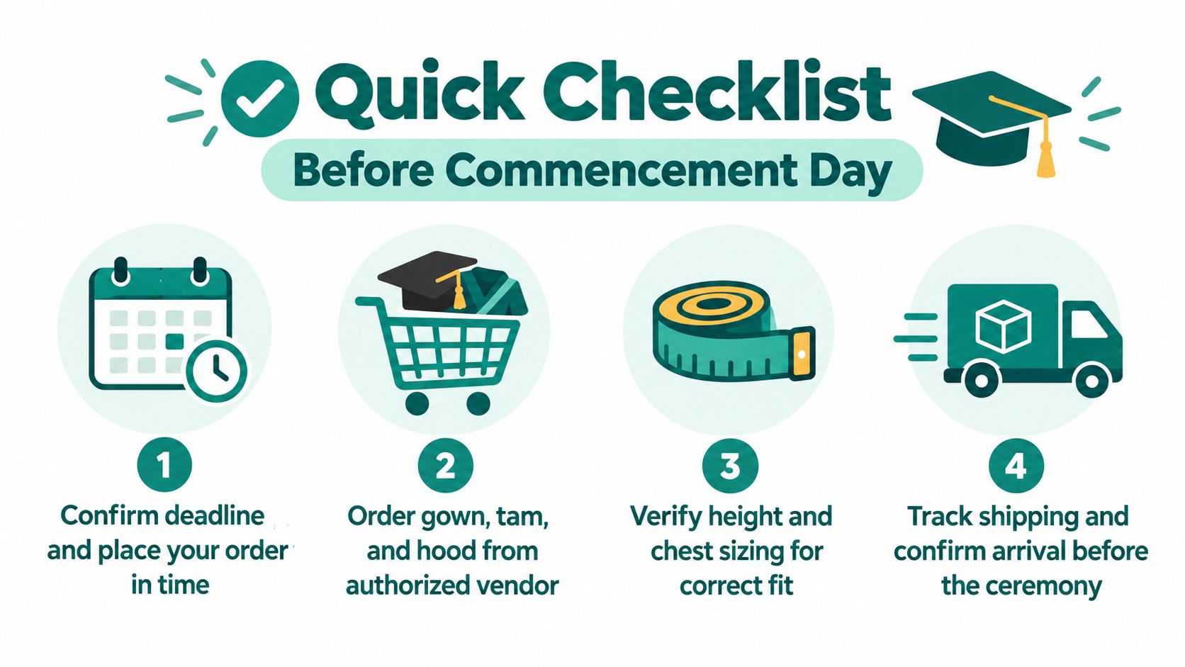 A four-step graduation checklist infographic guiding students on ordering and receiving their regalia before commencement day.