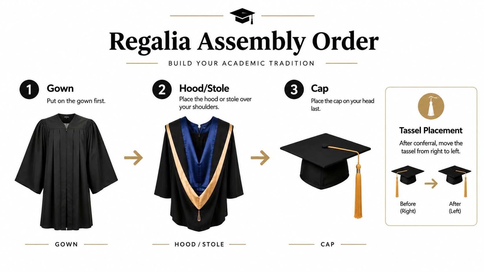 A visual guide explaining the step by step order to wear academic graduation regalia.