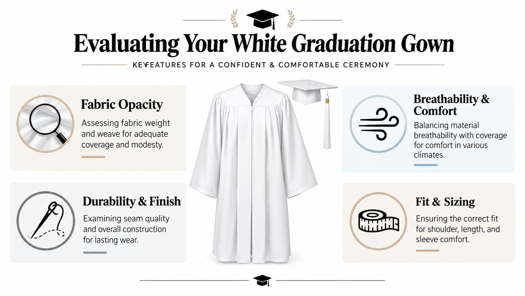 An infographic titled Evaluating Your White Graduation Gown highlighting key features like fabric opacity, breathability, durability, and fit.