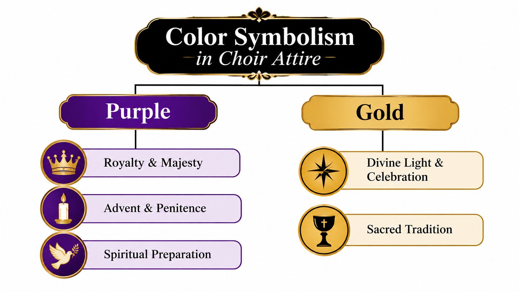 A chart explaining the symbolic meanings of purple and gold colors used in choir attire.
