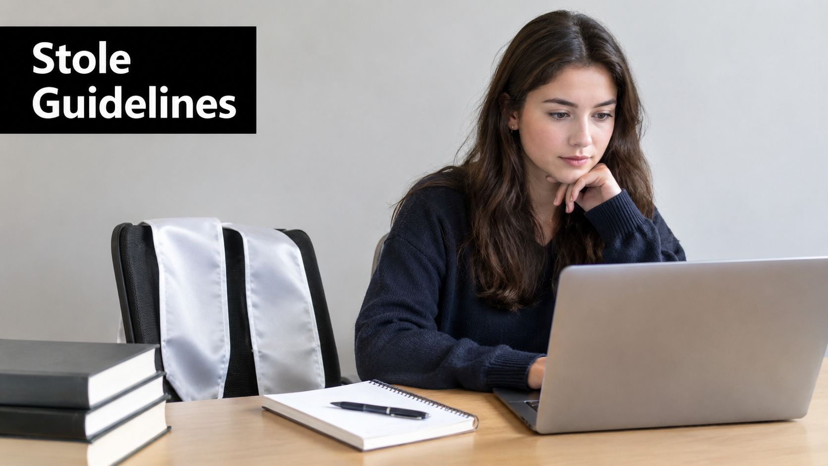 A young woman sits at a desk working on a laptop, with a graduation stole displayed behind her.