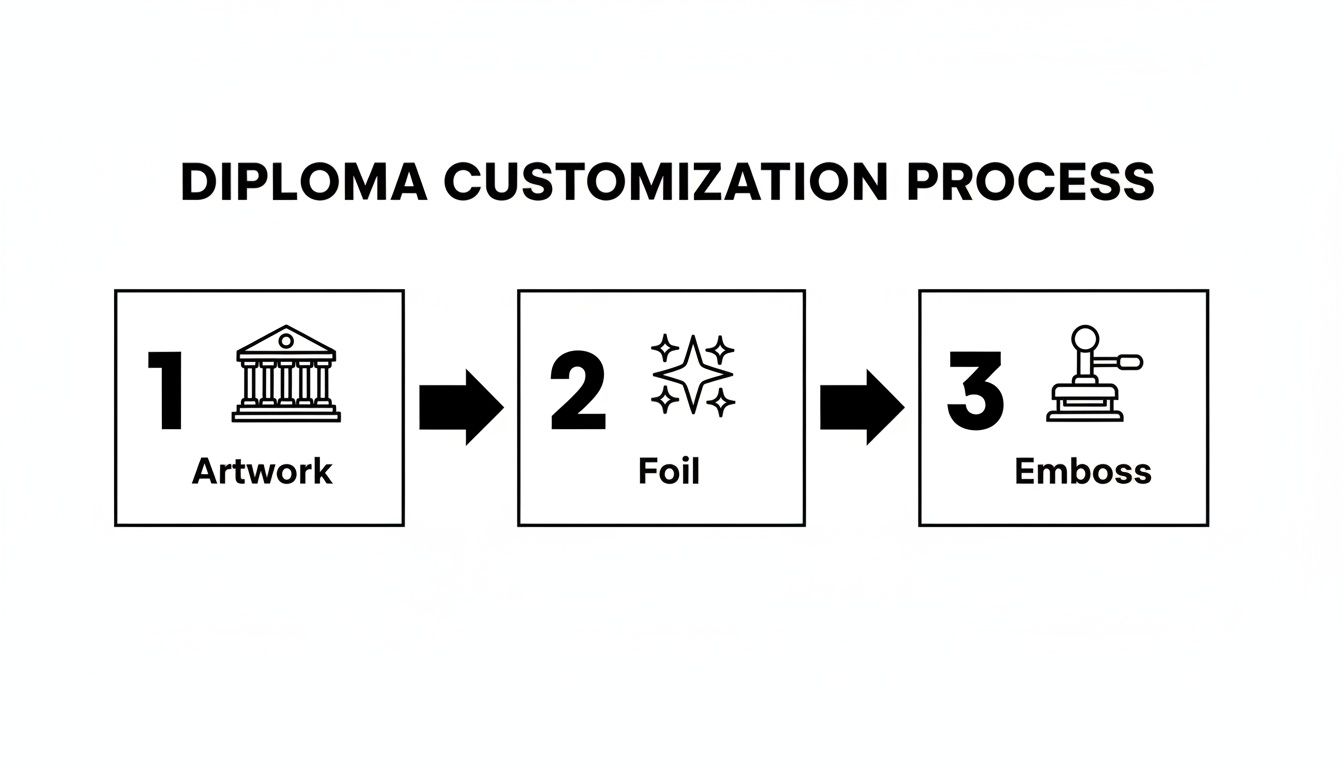 Diagram illustrating the diploma customization process: Artwork, Foil, and Emboss steps with corresponding icons.