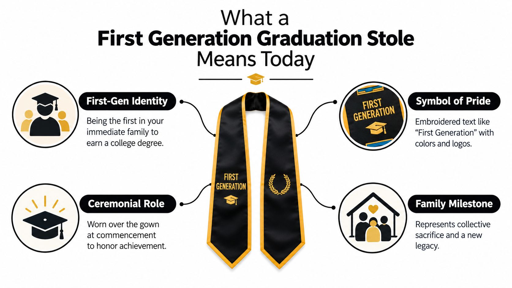 An infographic explaining the significance of a black and gold first generation graduation stole for college graduates.