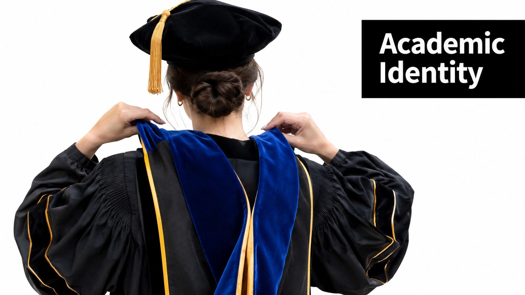A person viewed from behind wearing a doctoral academic cap and graduation gown with blue hood.