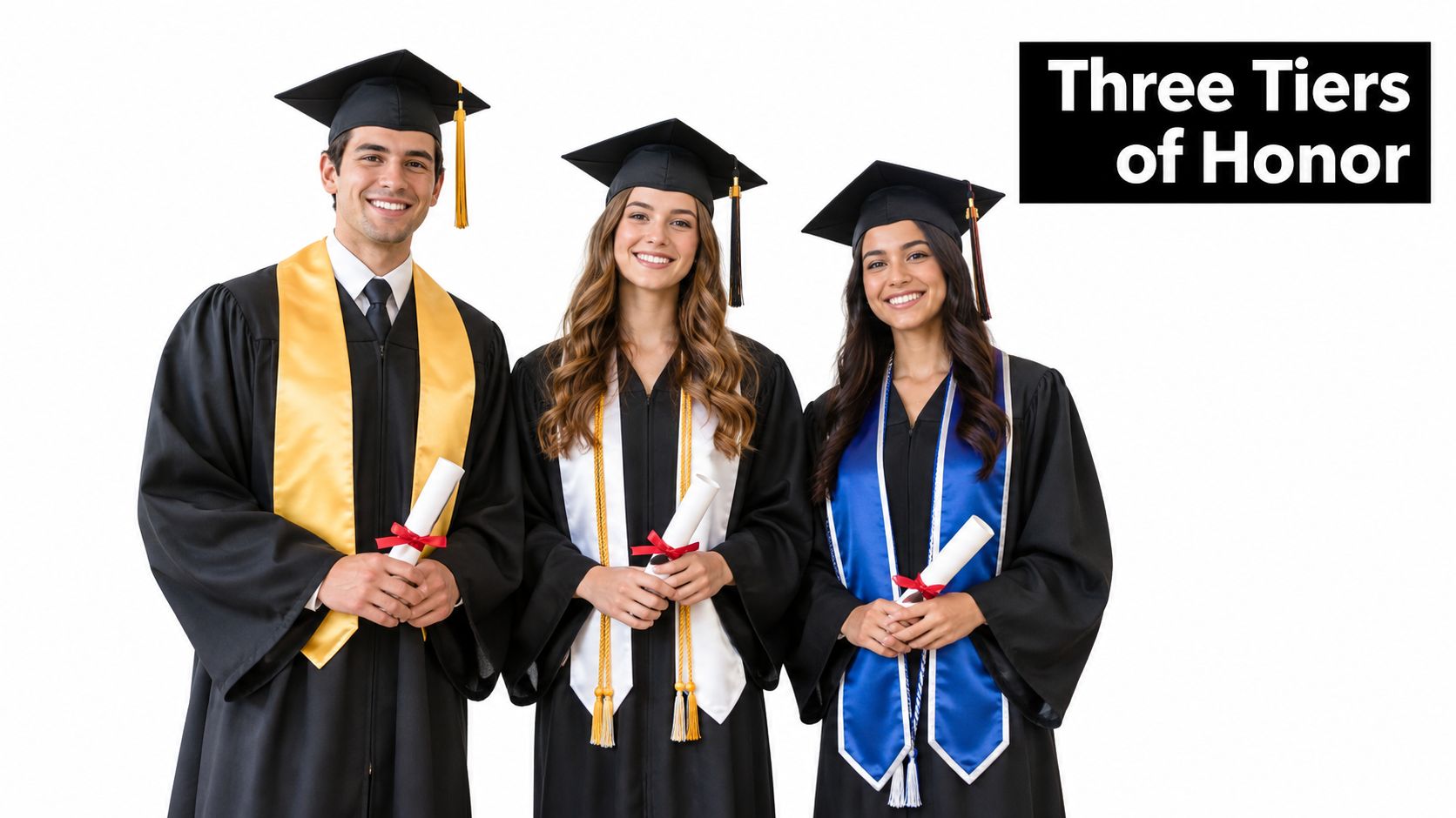 Three smiling university graduates wearing caps, gowns, and different colored honor stoles holding their rolled diplomas.