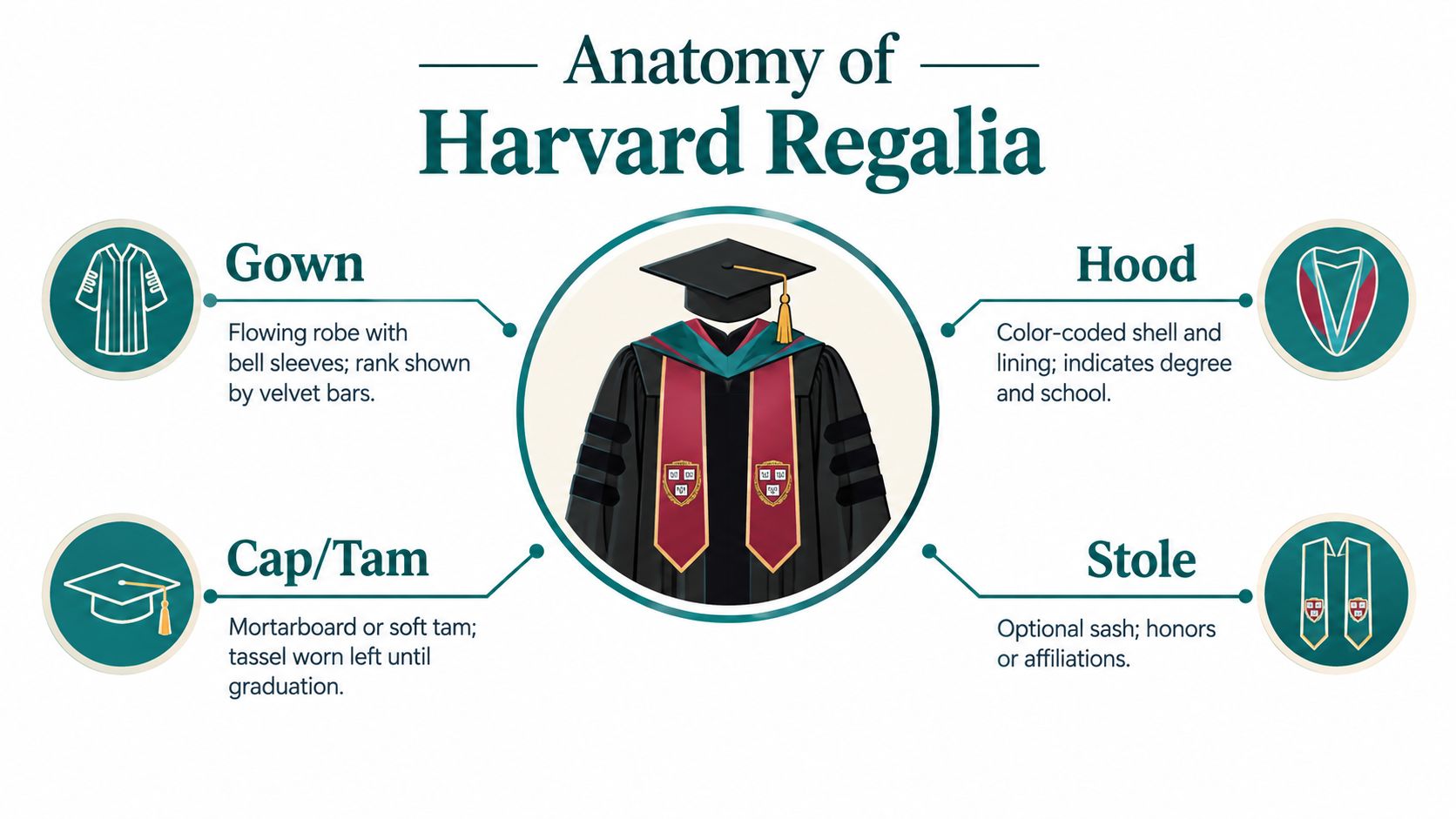 An educational infographic illustrating the four components of Harvard academic regalia: the gown, hood, cap or tam, and stole.