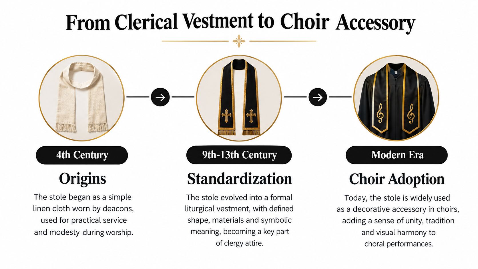 A timeline illustration showing the evolution of clerical vestments into modern choir robe stoles.