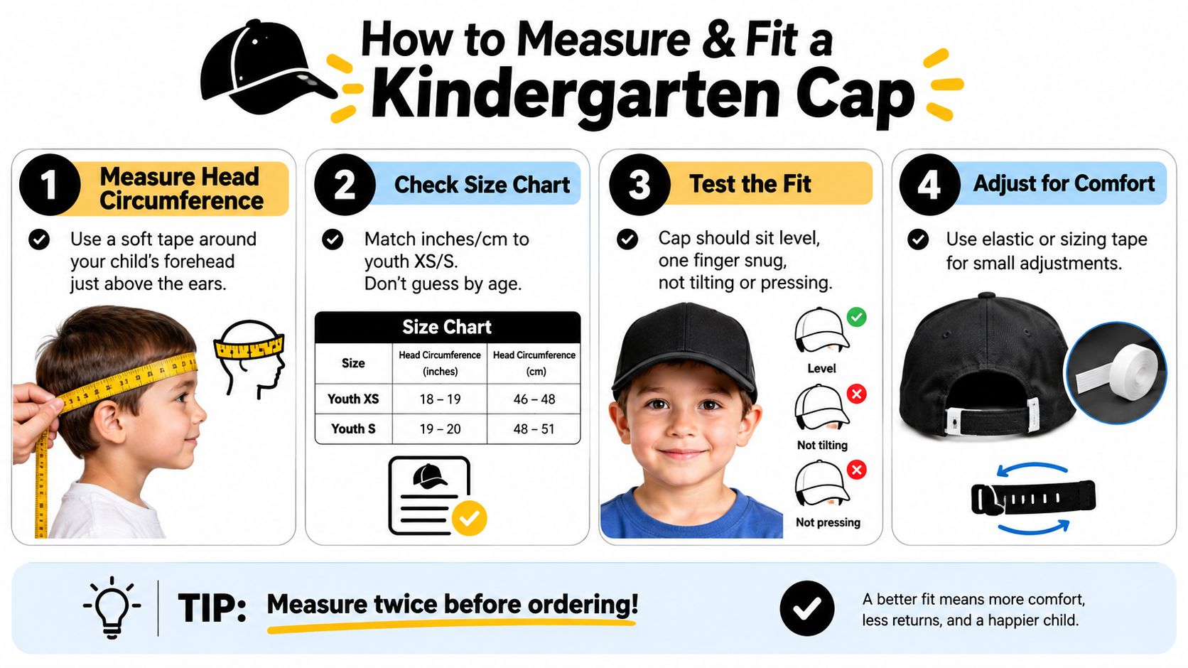 A guide on how to measure a child's head and choose the correct kindergarten cap size.