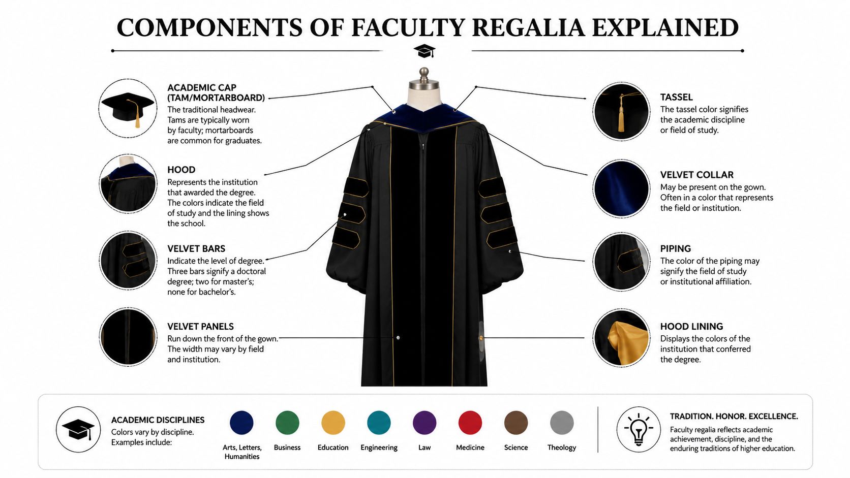 A detailed infographic explaining the various components and symbolism of academic graduation regalia for faculty members.