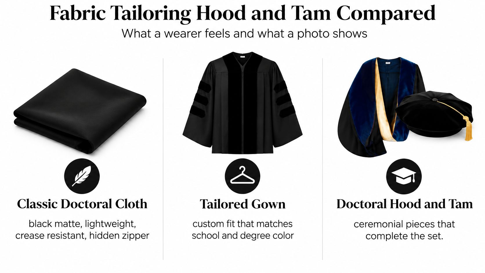 A comparison chart showing classic doctoral cloth, a tailored gown, and the doctoral hood and tam.