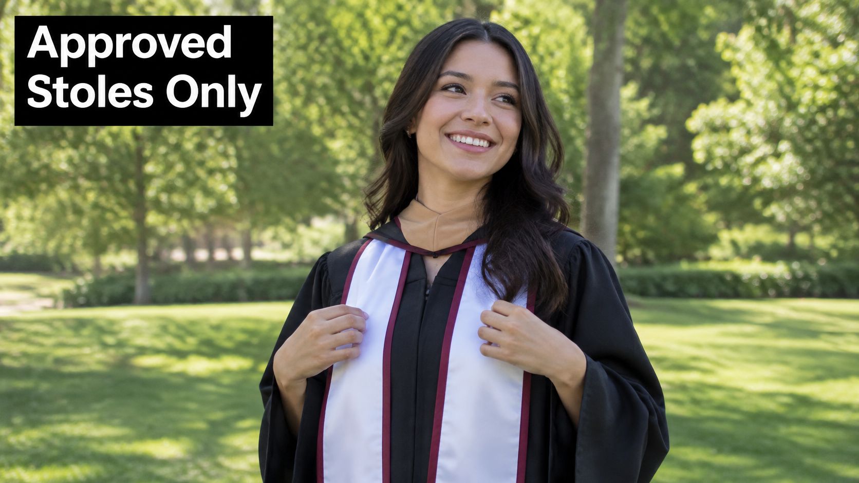 A smiling graduate woman wearing a black gown and a formal white stole outdoors in a park.