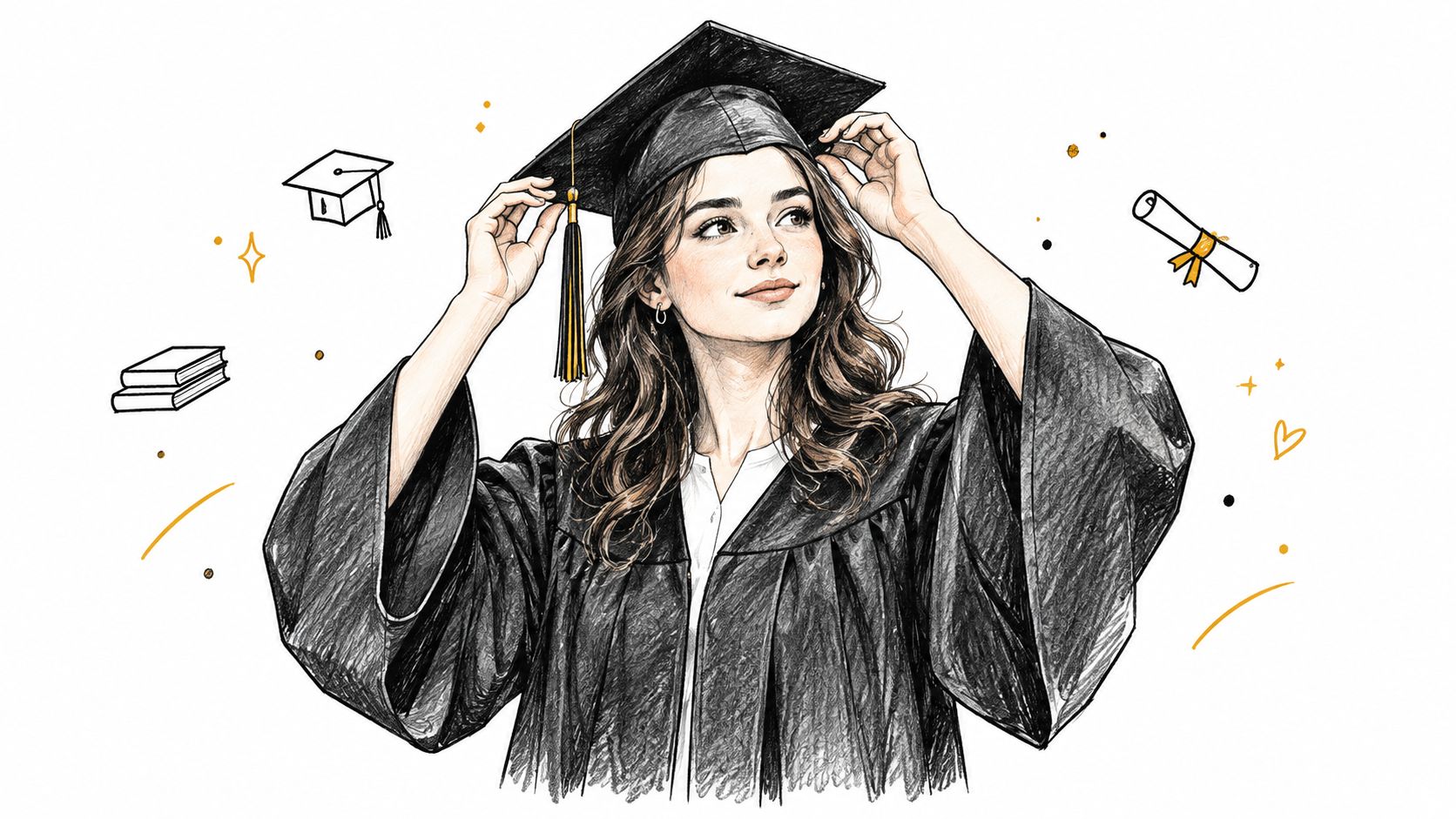 A hand-drawn illustration of a young woman wearing a graduation cap and gown with academic icons.