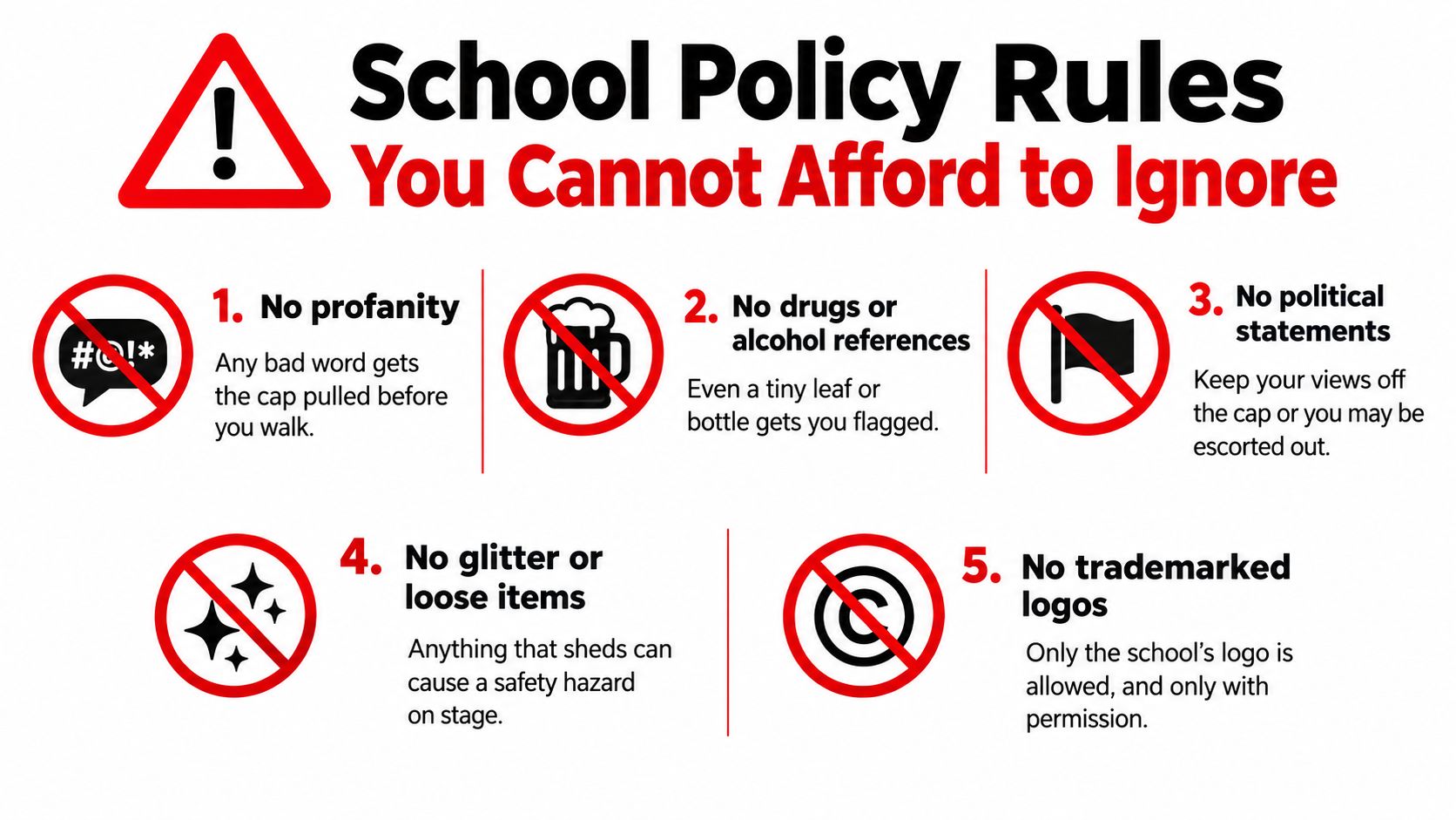 A list of five school rules for graduation cap decorations, presented with icons and clear warnings.