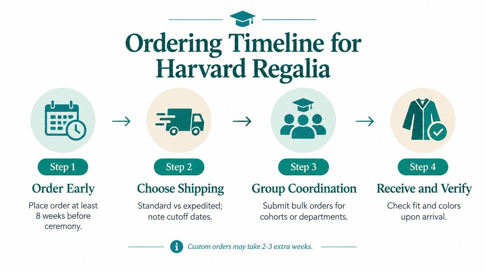 A four-step infographic illustrating the ordering timeline for Harvard University graduation regalia, from early ordering to final verification.