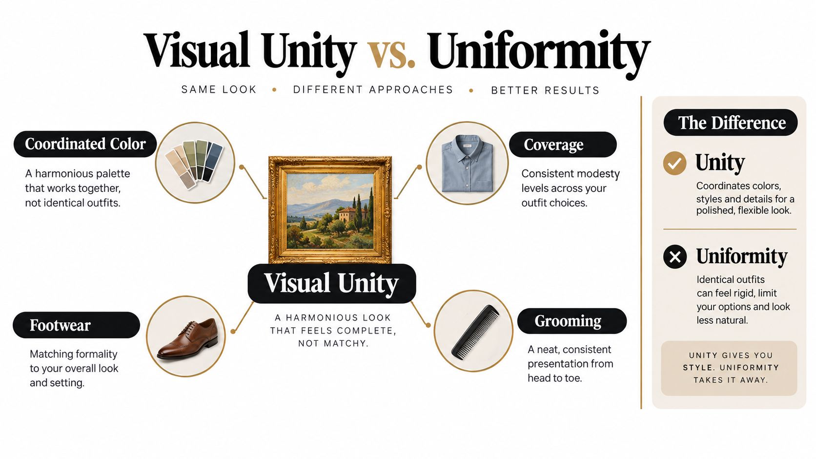 An infographic comparing visual unity and uniformity in styling for a cohesive appearance, not identical outfits.