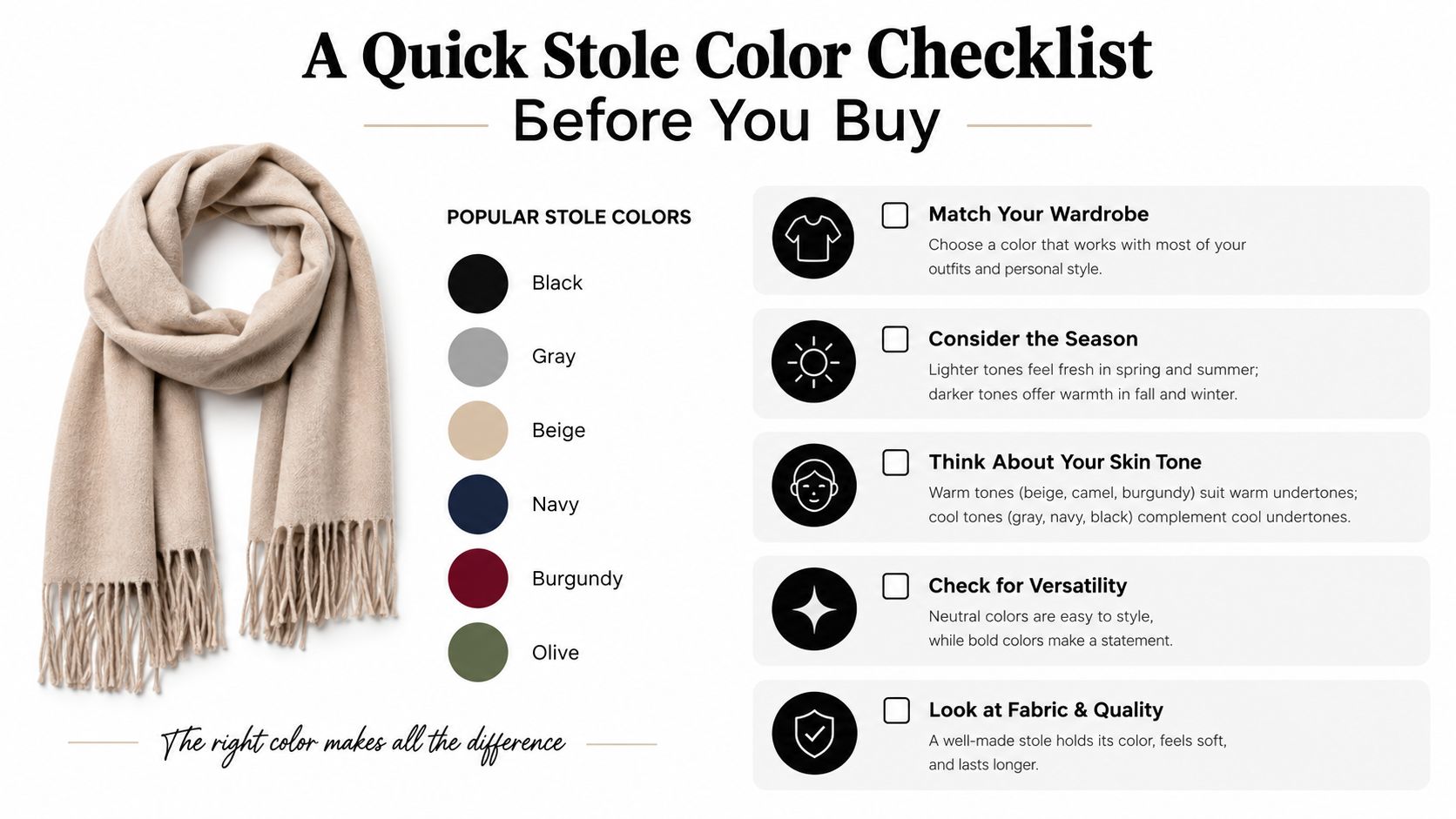 A checklist infographic titled A Quick Stole Color Checklist featuring a beige scarf and six popular colors.