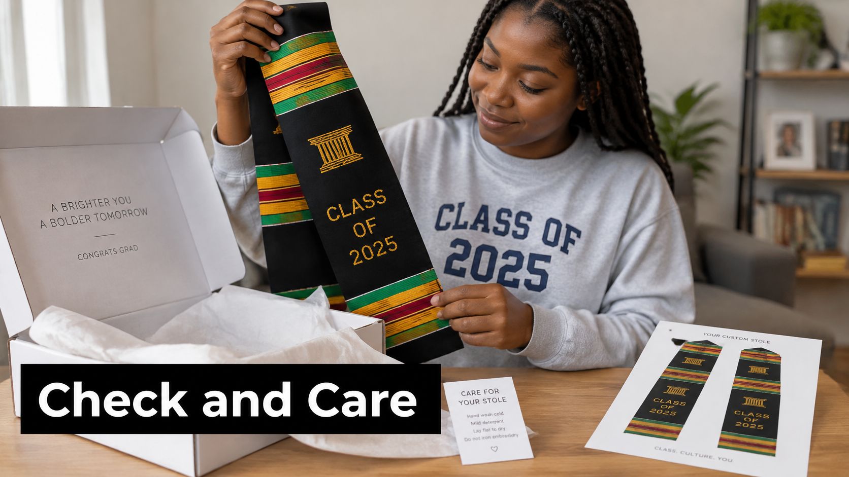 A happy young woman unboxing her custom Kente graduation stole in a cozy home setting.