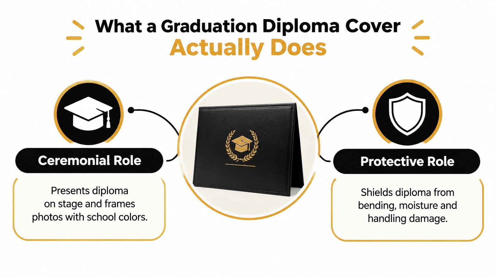 An infographic illustrating the dual purpose of graduation diploma covers: ceremonial presentation and document protection.