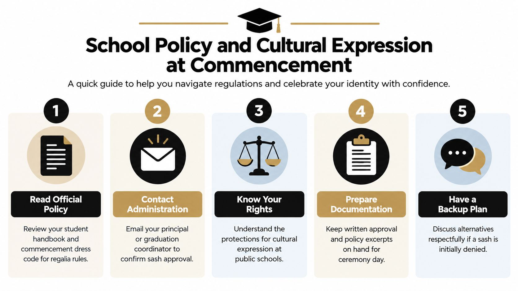 A five-step guide for students navigating school dress code policies regarding wearing cultural sashes at graduation ceremonies.