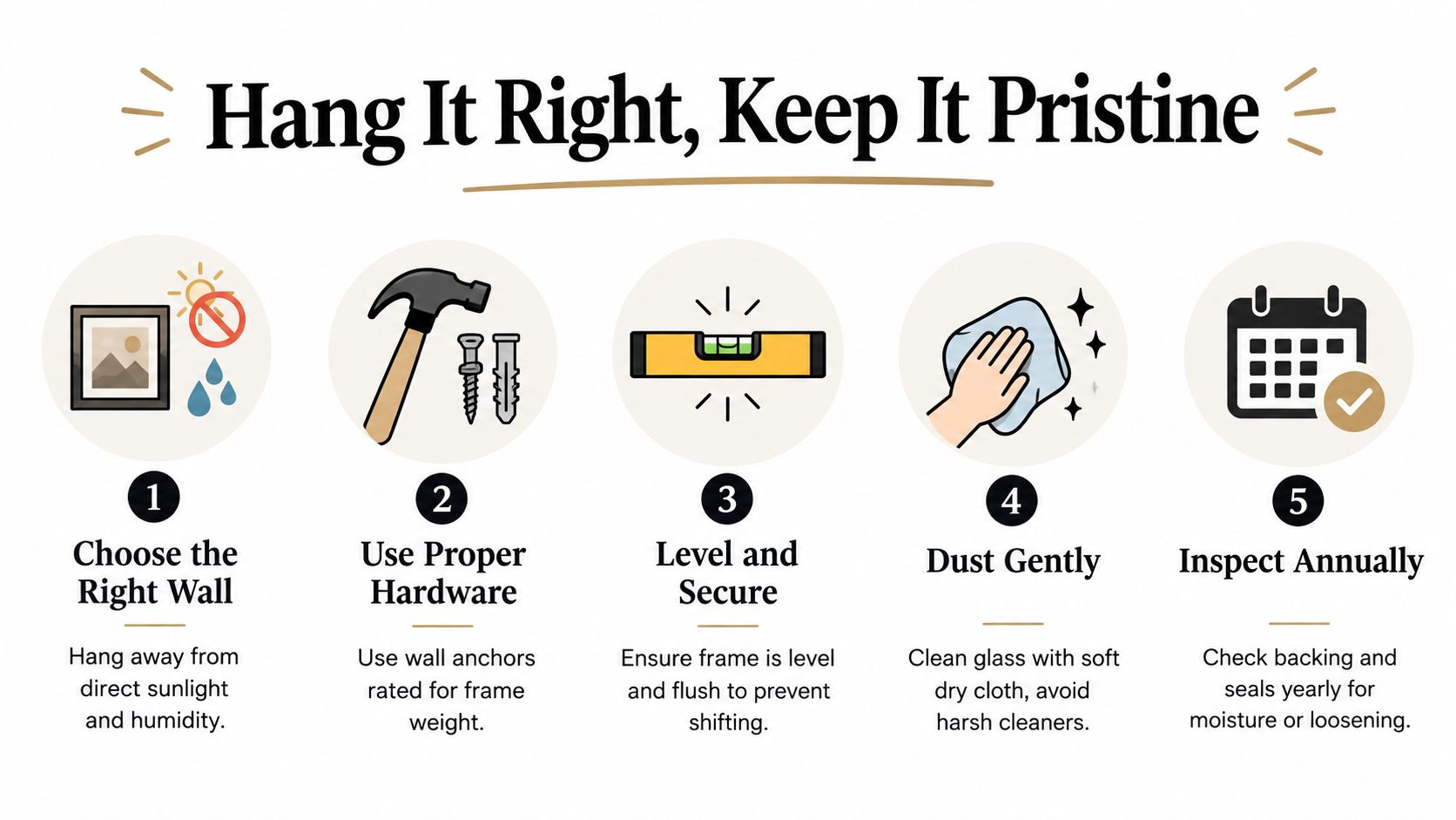A five-step infographic guide titled Hang It Right, Keep It Pristine, showing how to hang and maintain wall art.