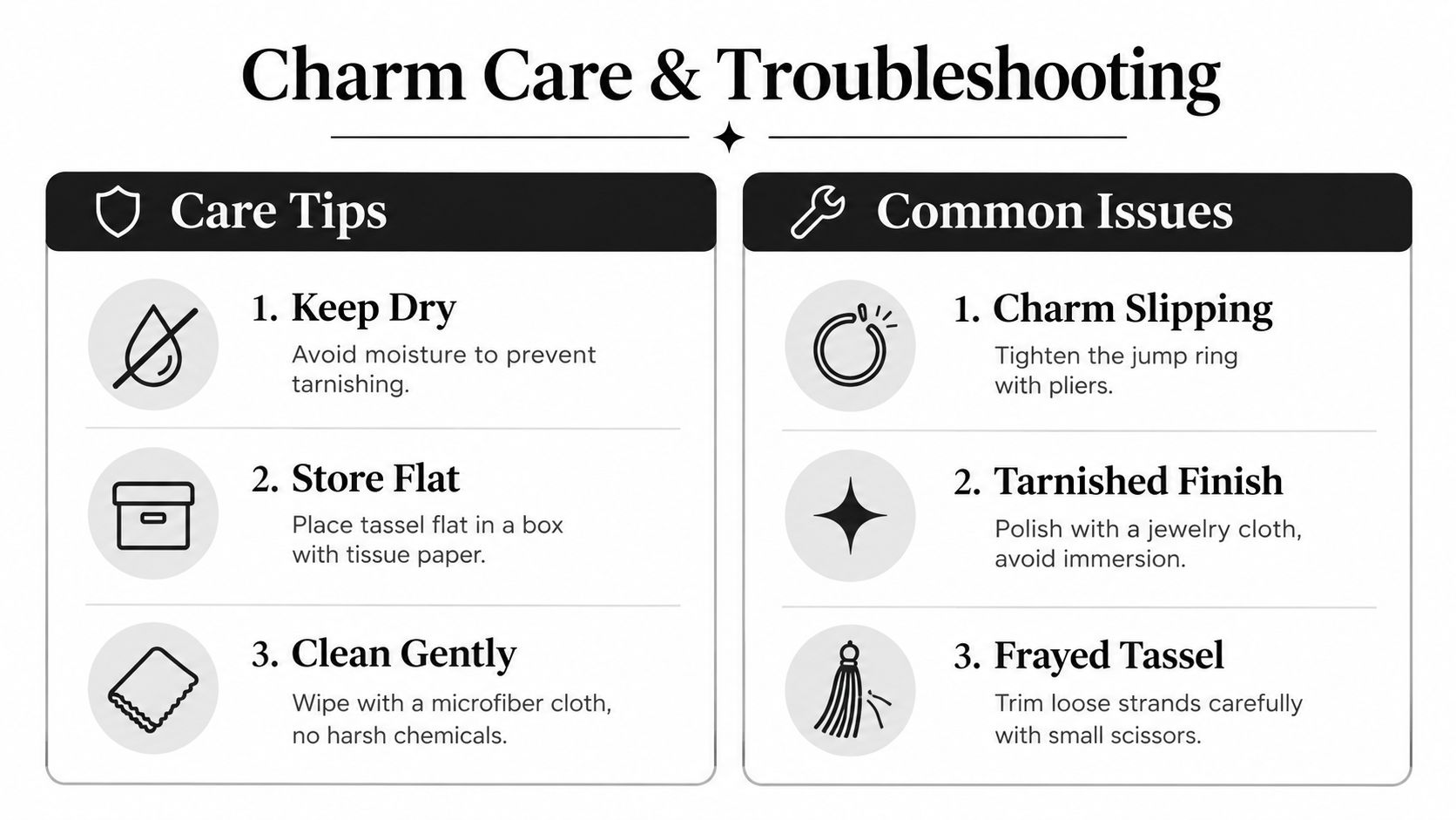 A helpful infographic guide detailing care instructions and troubleshooting tips for maintaining a graduation tassel charm.