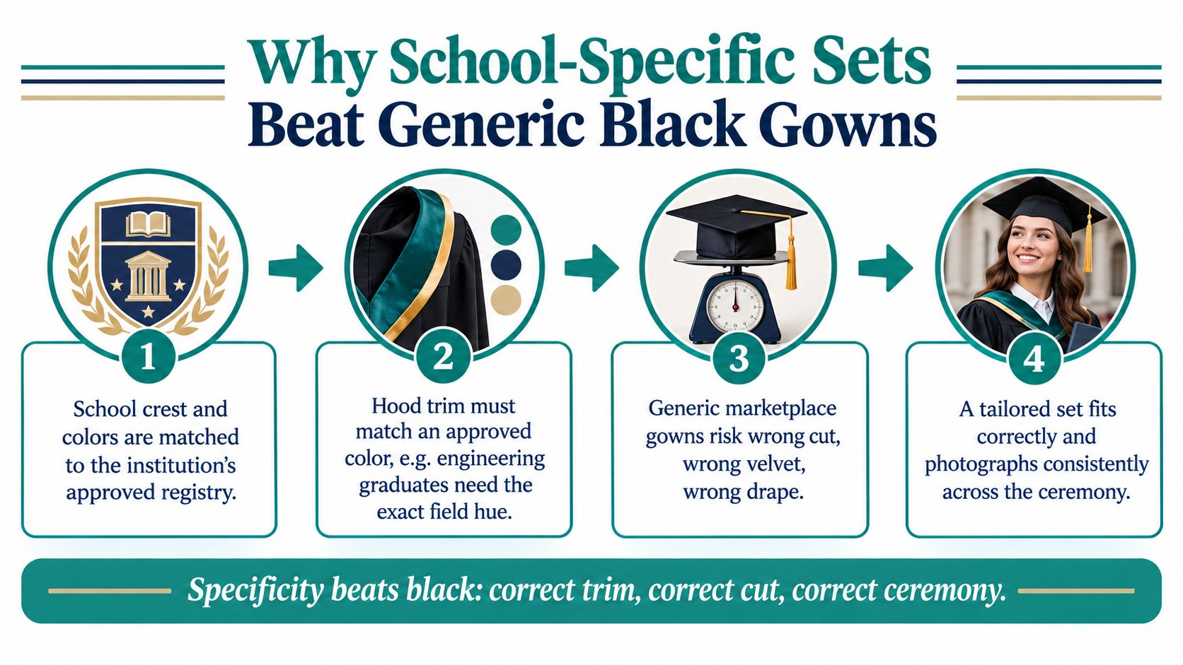 An infographic illustrating four reasons why custom school-specific graduation sets are better than generic black gowns.