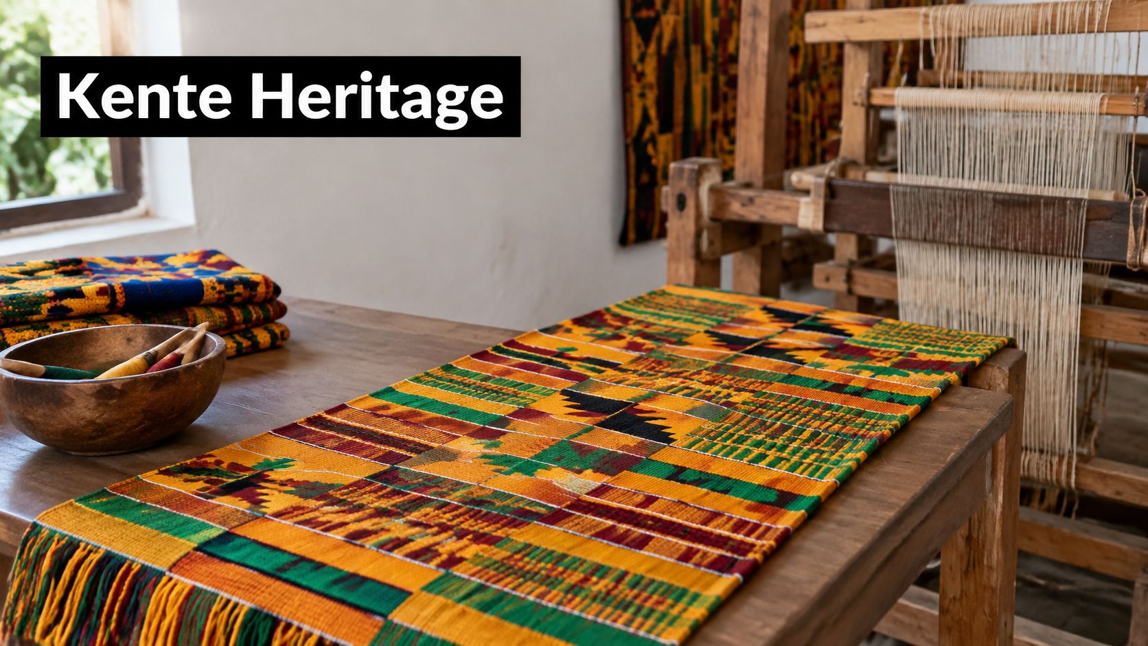 A vibrant, colorful Kente cloth runner rests on a wooden table next to a traditional weaving loom.