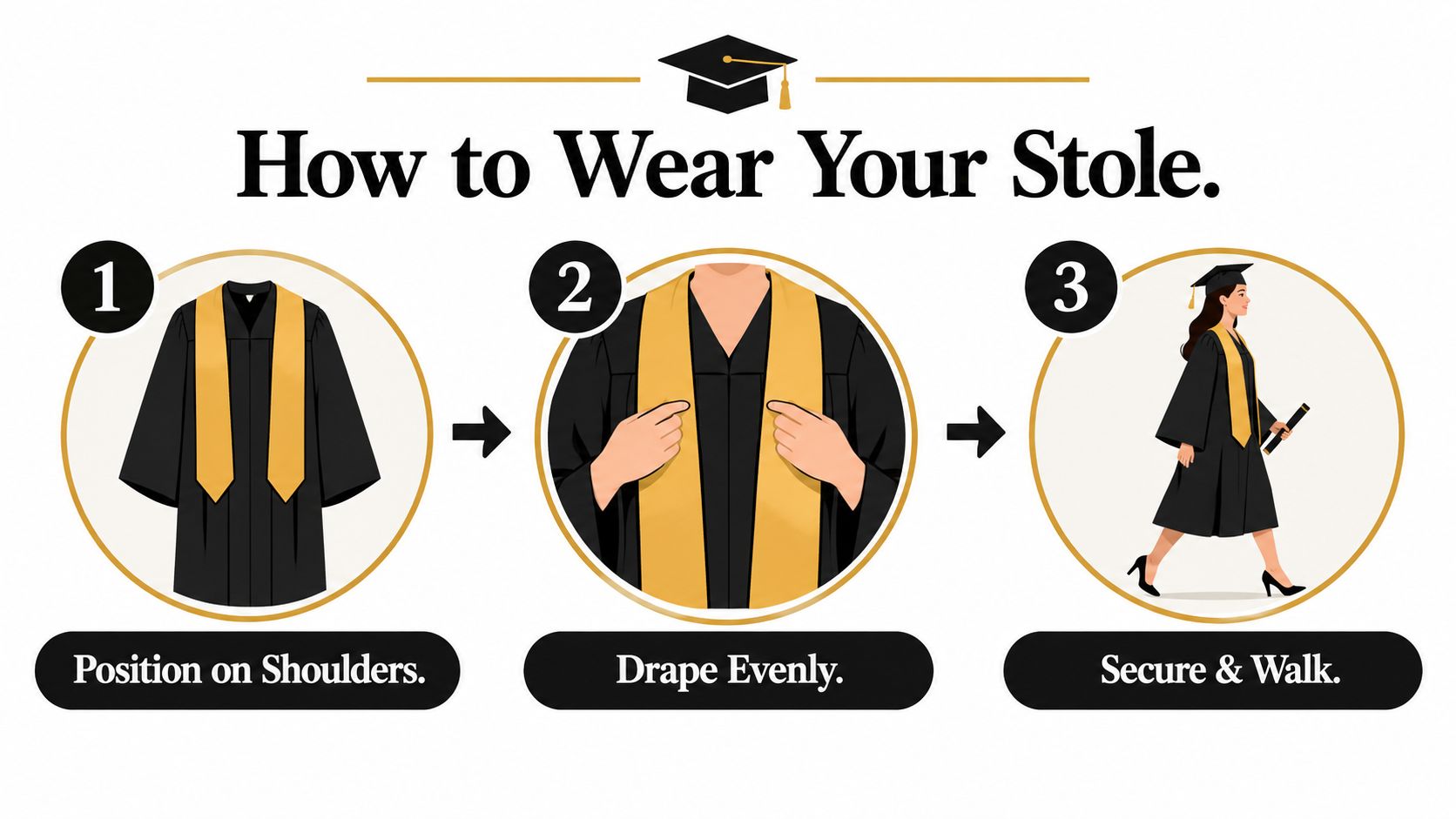 A three-step visual guide demonstrating how to correctly place and wear a yellow graduation stole.