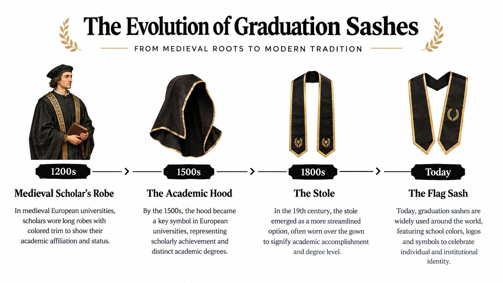 A timeline illustration showing the historical evolution of academic graduation attire from medieval robes to modern sashes.