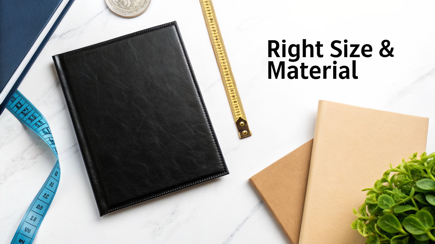 Flat lay of office supplies, including a black leather notebook, measuring tapes, and craft paper notebooks, emphasizing 'Right Size & Material'.