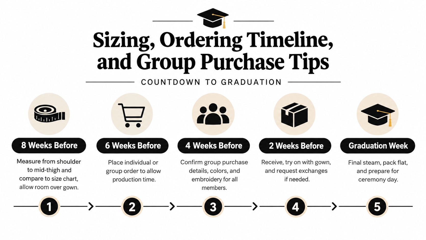 A timeline graphic showing five steps for ordering sorority graduation stoles, starting eight weeks before graduation.