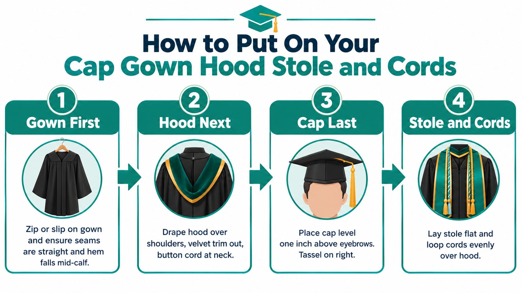 A four-step instructional infographic showing how to properly put on graduation regalia, including gown, hood, cap, stole, and cords.
