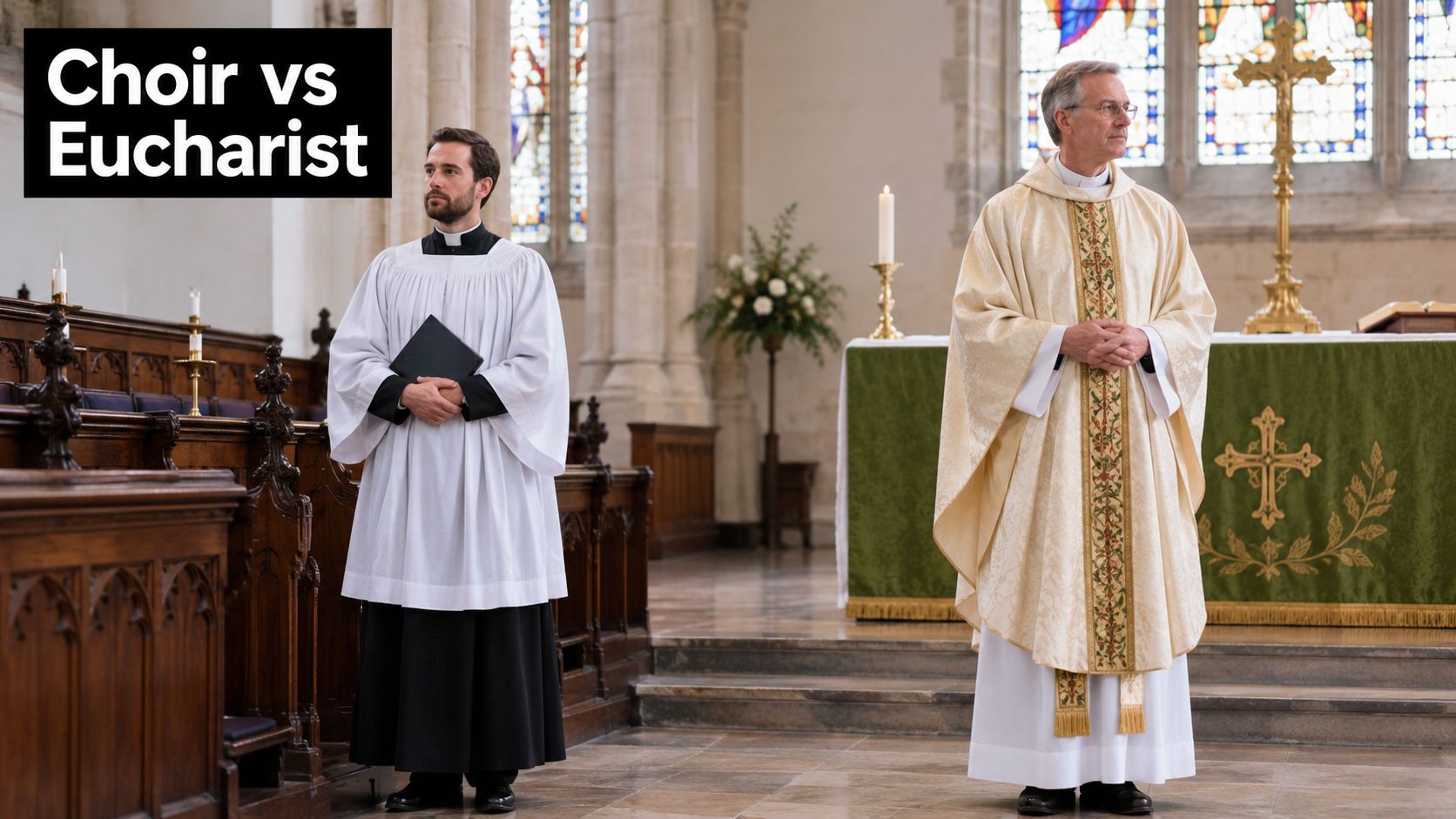 A young cleric in a choir robe stands beside an older priest in liturgical vestments in church.