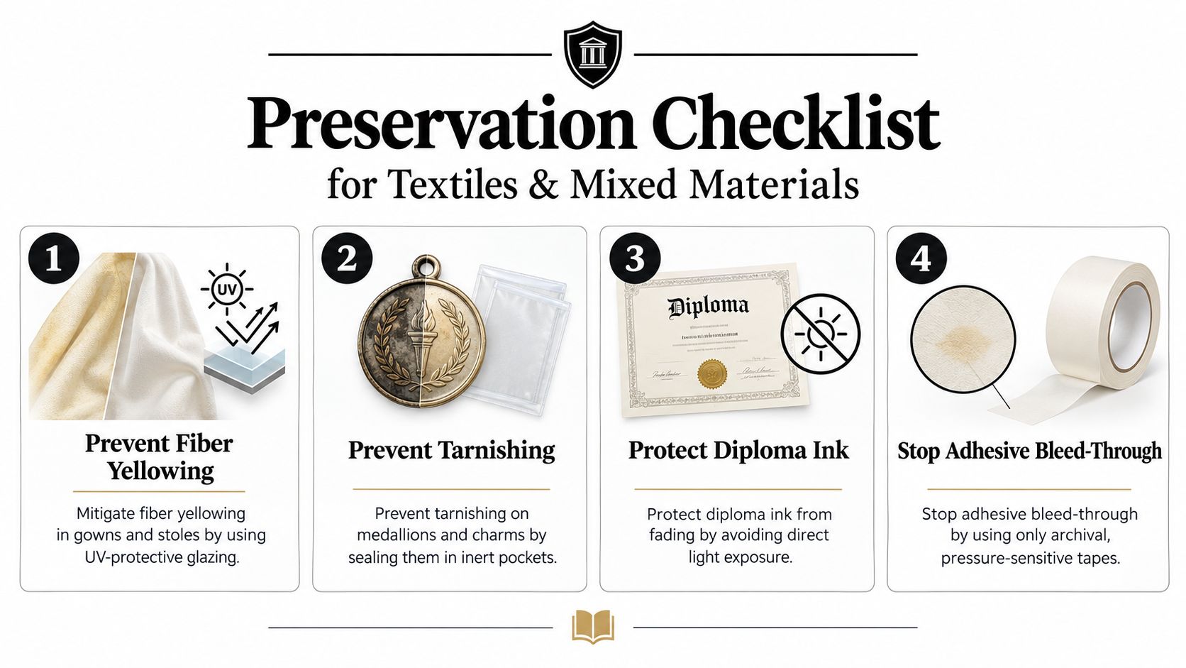 A checklist infographic detailing preservation tips for textiles and mixed materials like diplomas, medals, and garments.