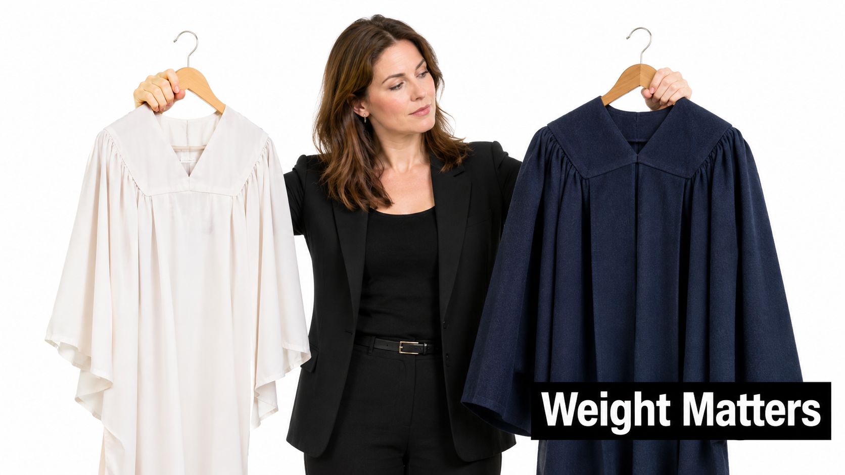 A woman in a black blazer comparing a light white robe and a heavy dark blue robe.