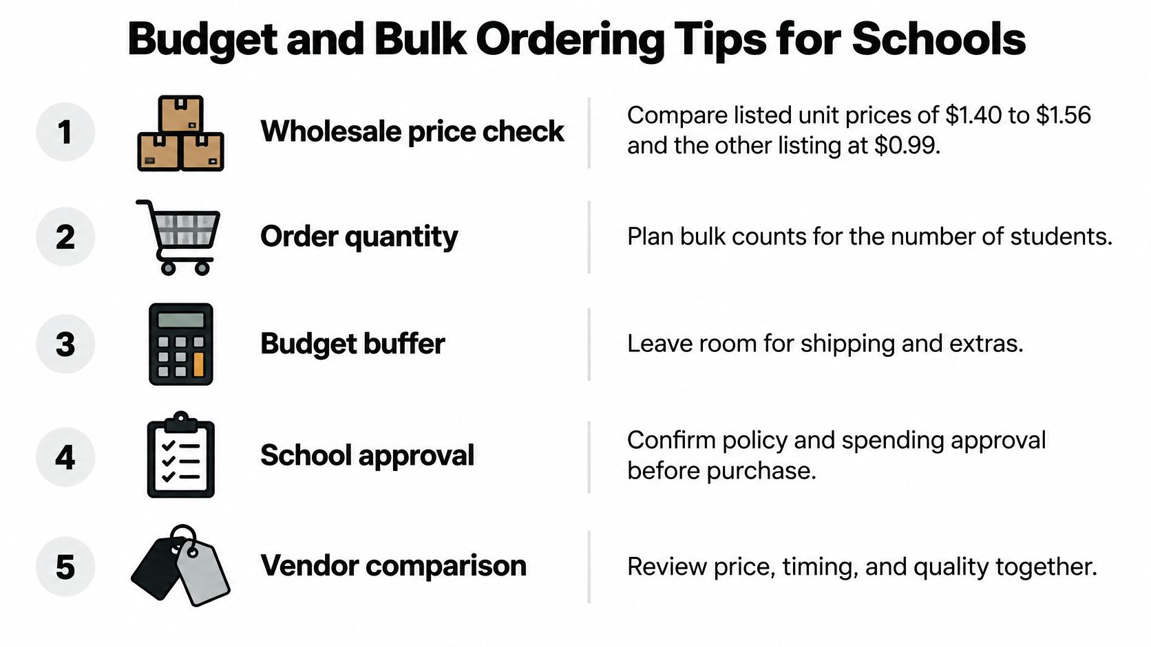 An infographic titled Budget and Bulk Ordering Tips for Schools with five numbered steps for purchasing.