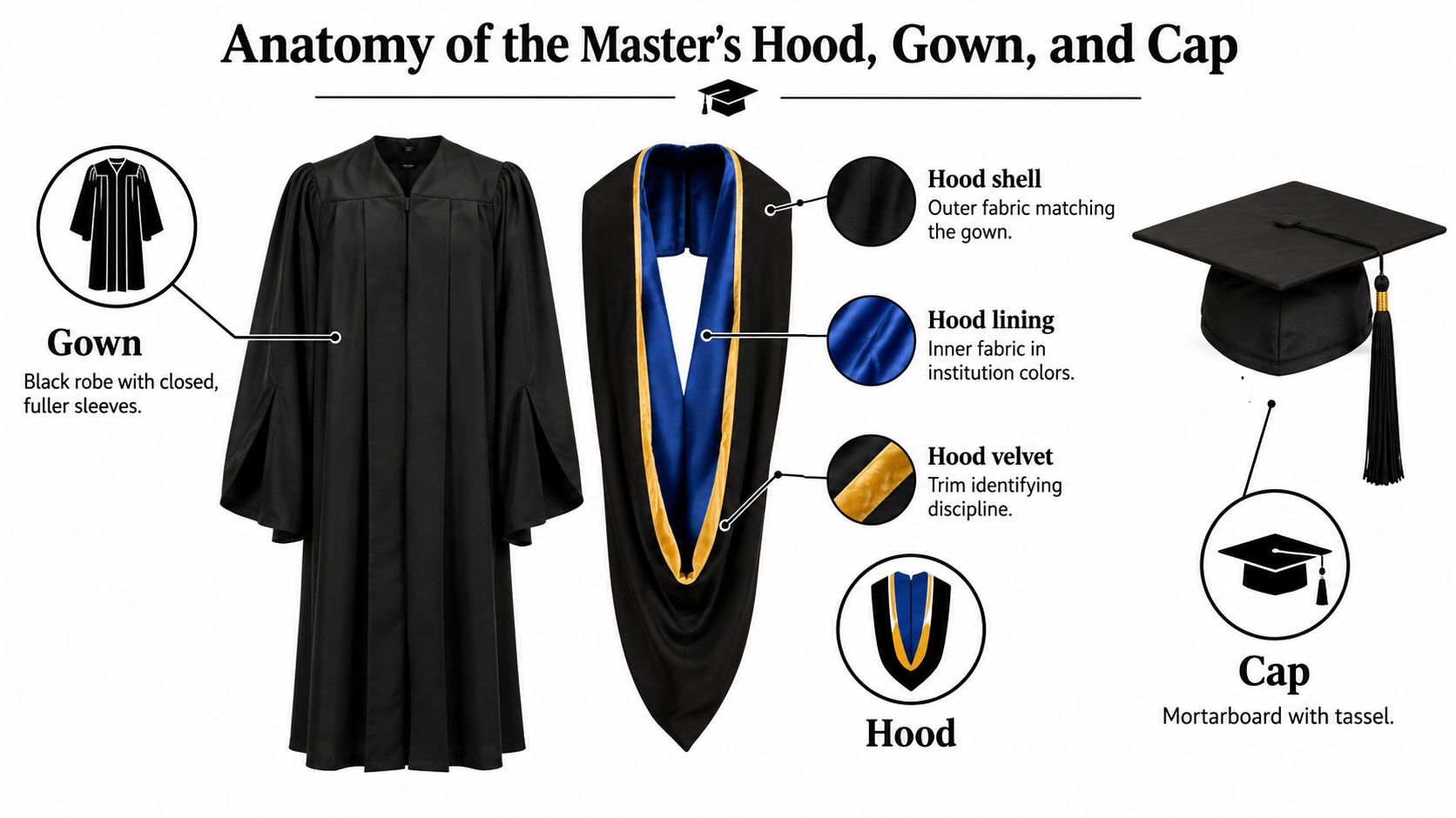 An educational infographic illustrating the anatomy of a master's degree graduation hood, gown, and cap.