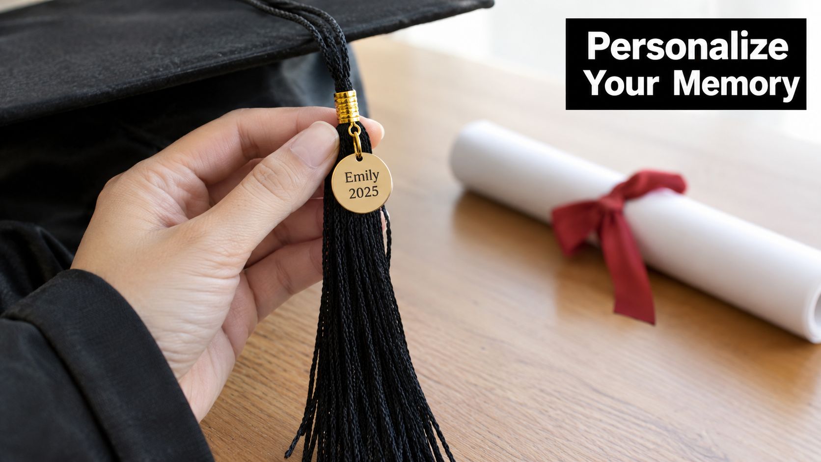 A hand holds a custom graduation tassel featuring a round gold charm engraved with the name Emily 2025.