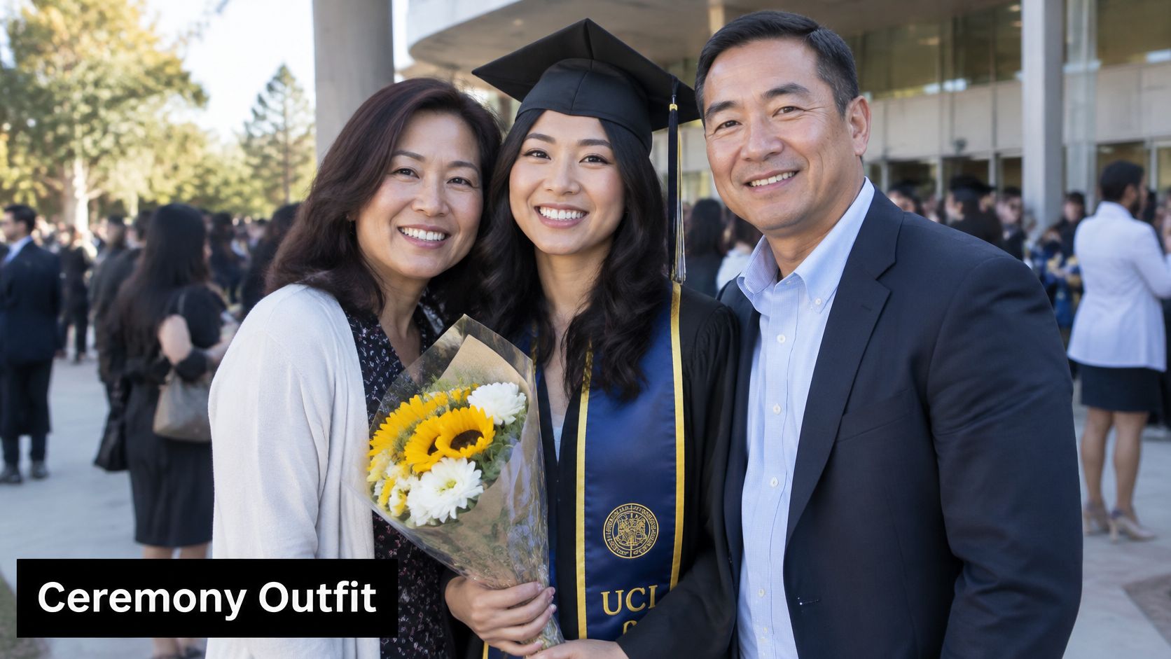 A happy female graduate in a UCI cap and gown posing with her parents outdoors.