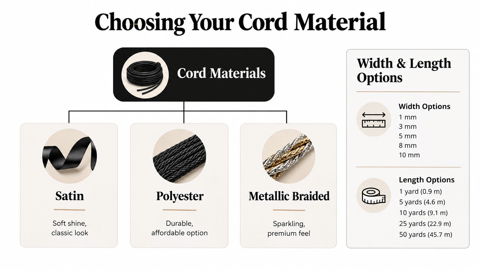 An infographic displays various cord materials including satin, polyester, and metallic braided options with size measurements.