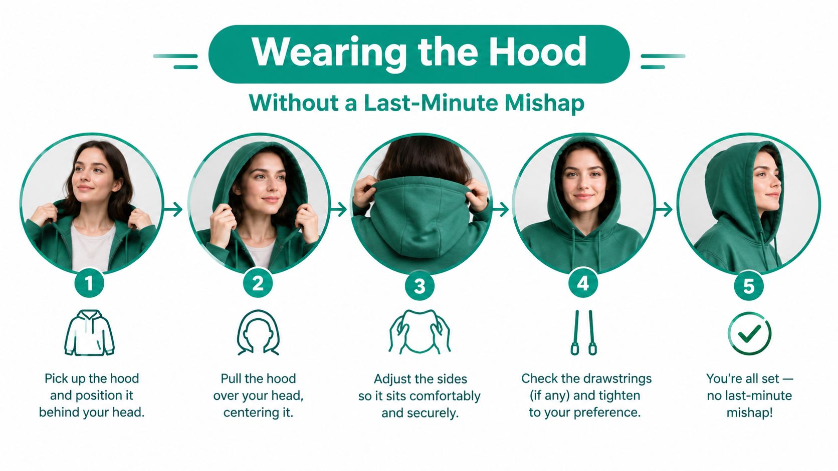 A five-step instructional graphic demonstrating how to properly put on a hoodie hood for a comfortable fit.