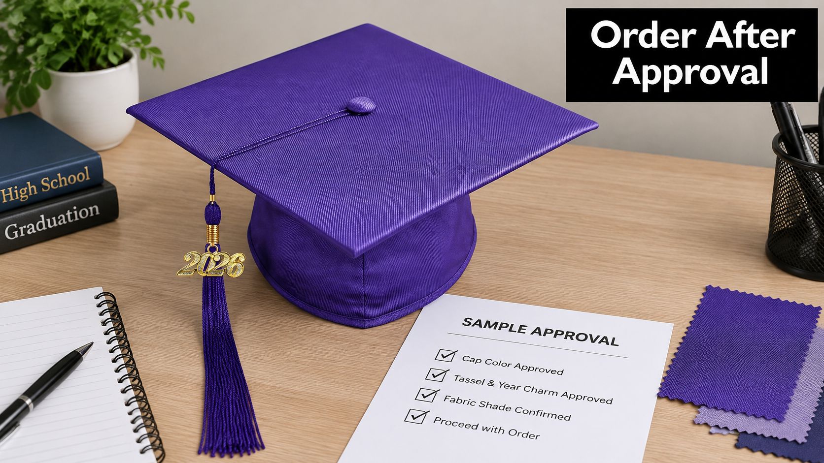 A purple graduation cap with a 2026 charm rests on a wooden desk with approval documents.