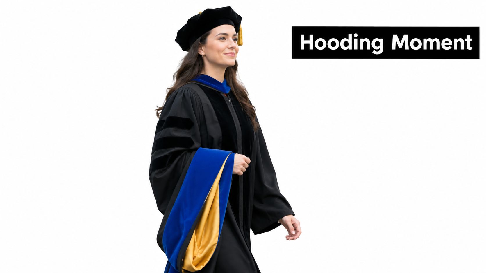 A smiling woman wearing traditional doctoral regalia, including a graduation gown, hood, and tam, against white background.