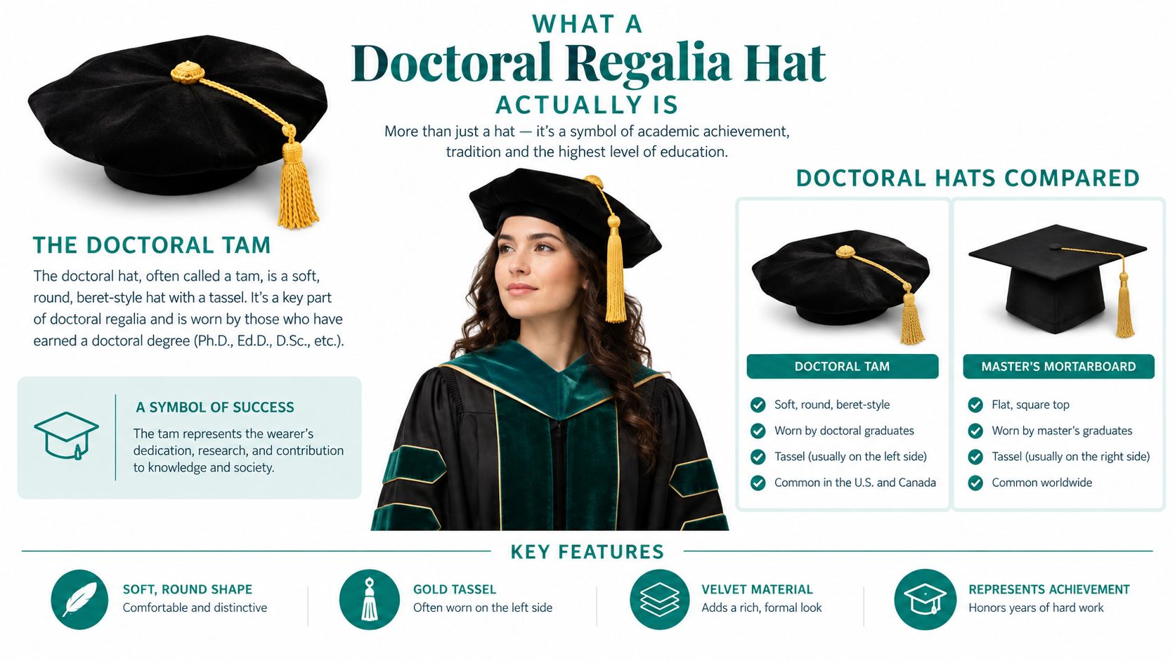 An infographic detailing the features and significance of a doctoral tam regalia hat for graduates.