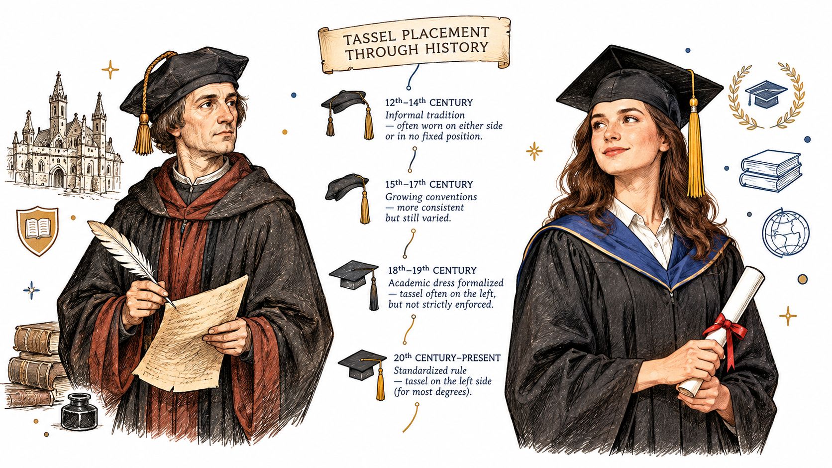 An educational infographic illustrating the historical evolution of graduation cap tassel placement from the 12th century to today.
