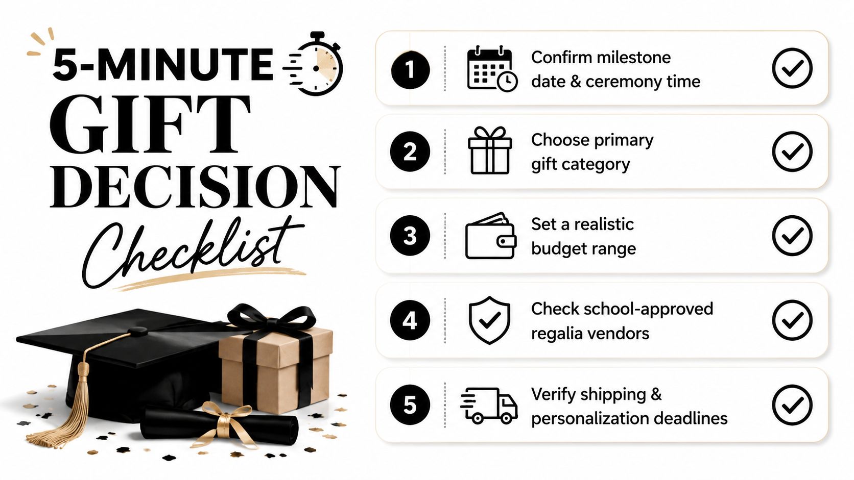 A 5-minute gift decision checklist for graduation featuring a cap, diploma, and steps to choosing a gift.