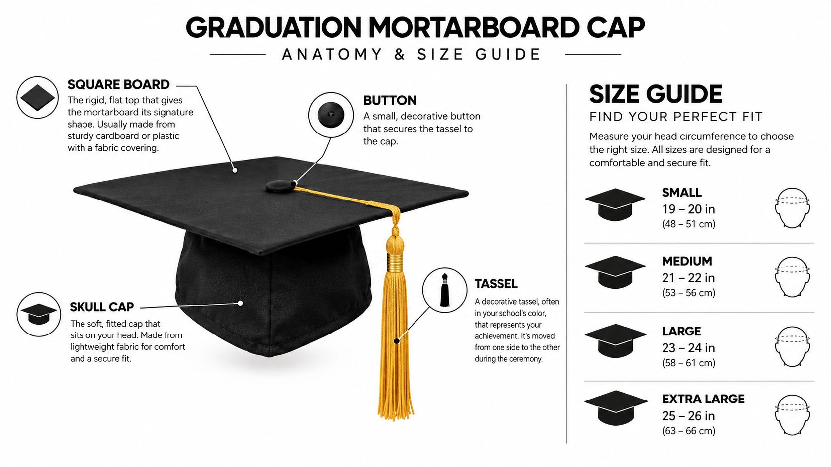 A detailed anatomy and size guide for a graduation mortarboard cap with measurements for different sizes.